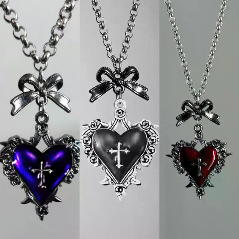 Y2k Bow Cross Heart Necklace For Girls Gothic Jewelry Vintage Accessories Rose Goth Collares Chain For Women Man Punk Necklace