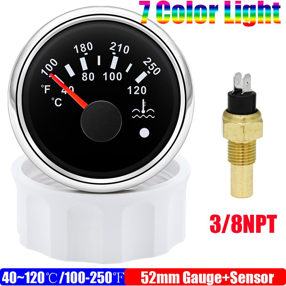40~120℃,100~250℉ 52mm Water Temp Gauge+Sensor 1/8NPT 7 Color LED Water Temperature Meter Alarm Auto Car Marine Boat Motor 12V24V