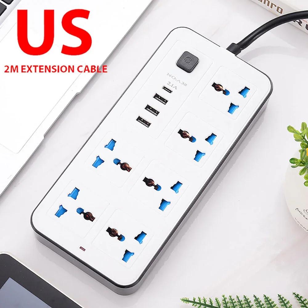 2m Extension Cord Power Multi Tap Multi Ports AC Sockets & 3 USB Electrical Socket Type C Smart Home EU US UK Universal Plug