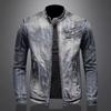 Venom Men's Retro Denim Jacket - Large Size Stand Collar Zipper for Casual Cycling & Motorcycle Wear
