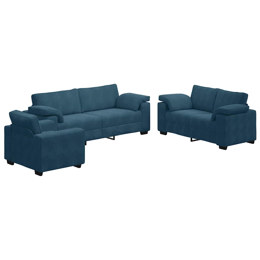 3 Piece Sofa Set with Cushions Blue Velvet