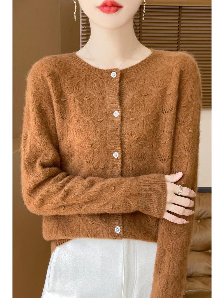 2024 Early Autumn Women's Merino Wool Round Neck Knit Cardigan with Hollow Details
