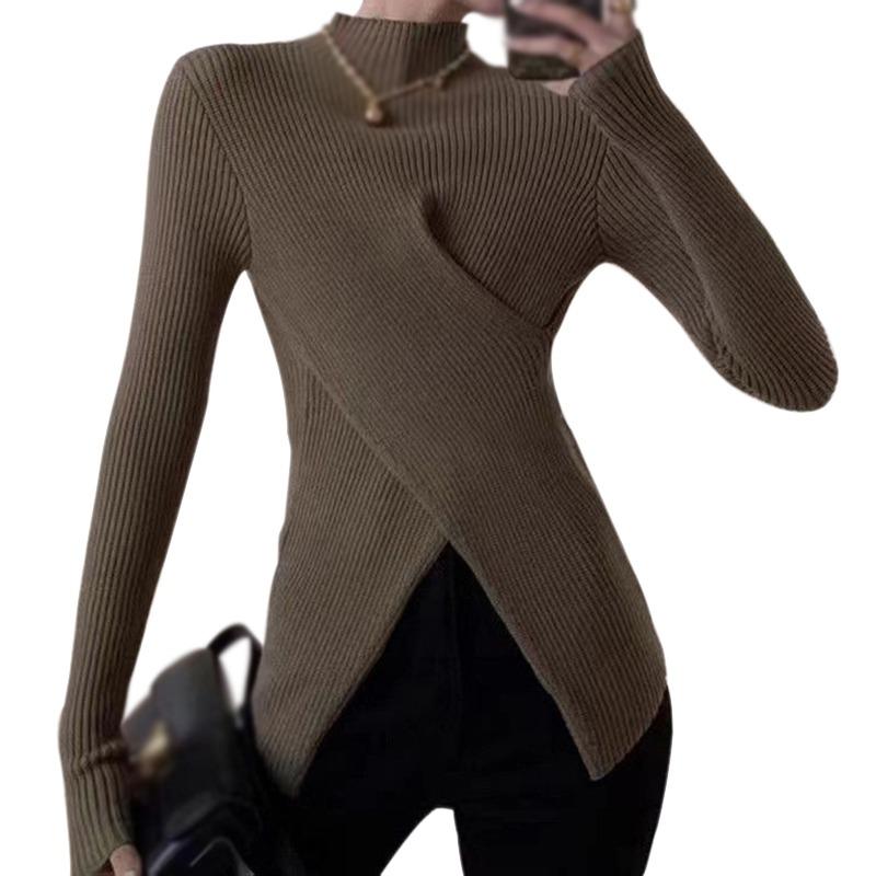 Autumn Half Turtleneck Knitted Sweater Bottoming Top For Women Slimming Niche Hem Slit Pullover Tops