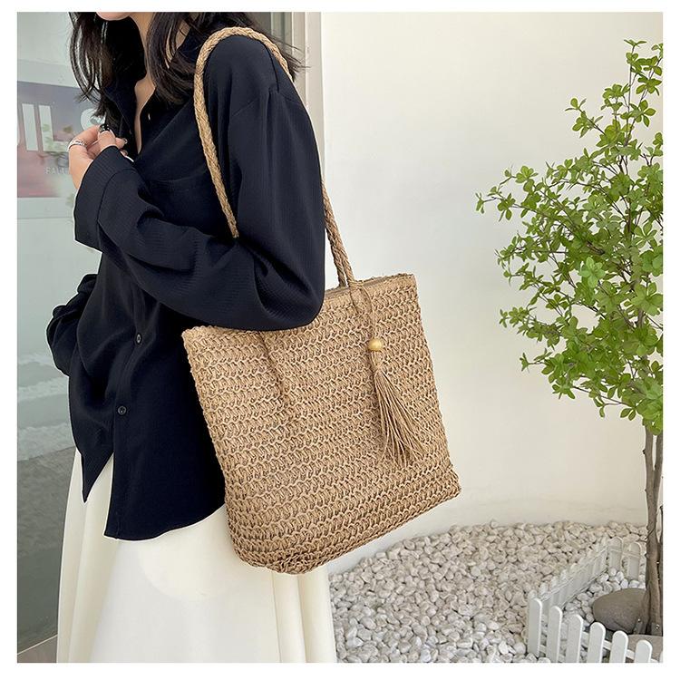 Summer Straw Woven Bag Zipper Shoulder Beach Bag Simple Mori Woven Tote Bag Large Capacity Women'S Bag