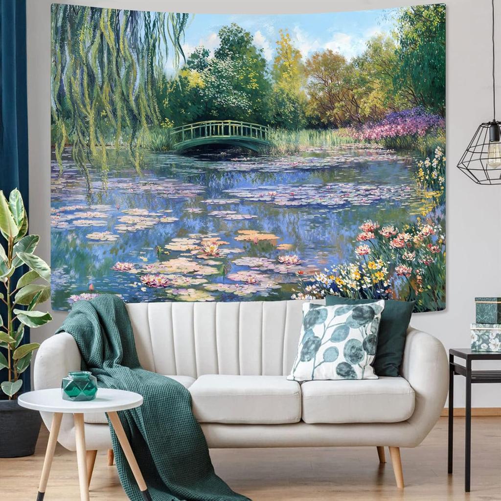 Monet Water Lilies Tapestry Green Floral Plant Tapestries Aesthetic Monet Wall Art Posters Nature Flower Garden Landscape Small