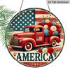 Płaski 2D, 1 szt. okrągły aluminiowy znak 7,87*7,87 cala, "America" Patriotyczny Winylowy Design Ciężarówki, Metalowa Sztuka Ścienna z Kwiatową Czerwoną Ciężarówką i Flagą USA, Idealny do Domu