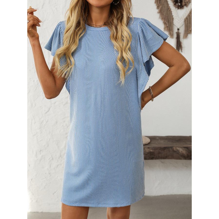 Summer Women's Contrasting Twisted Ruffle Solid Color Sleeves Mid Length Dress