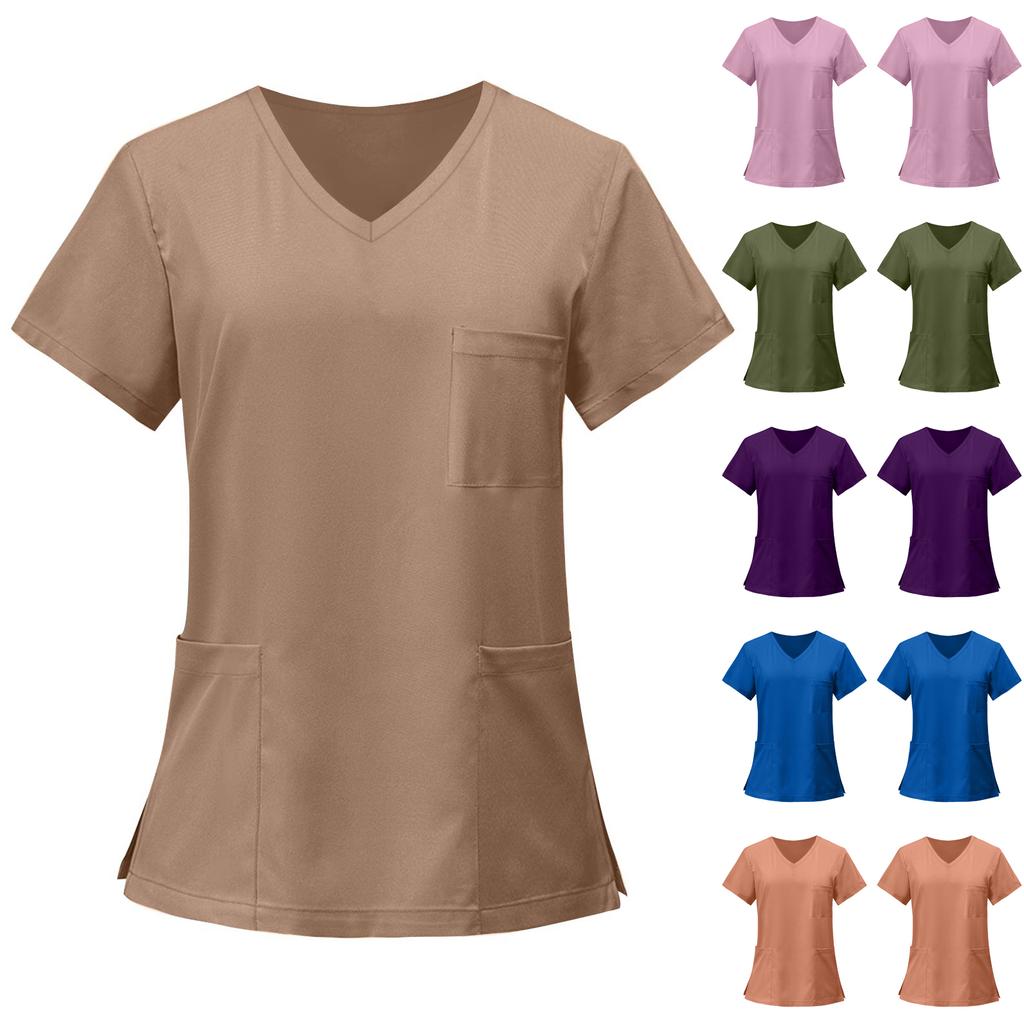 Женские модные однотонные футболки с коротким рукавом и V-образным вырезом, с карманами и рабочими футболками