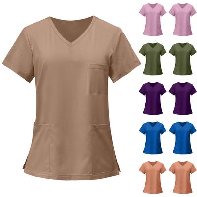 Women's Fashion Solid Short Sleeve V Neck Pattern Tops Pocket Working T-shirts