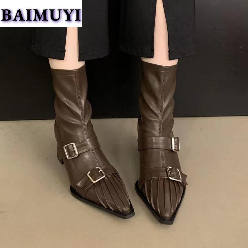 Dámské kotníkové boty na vysokém podpatku se špičatou špičkou, kancelářské boty, trend 2025, sexy značkové boty na silném podpatku v punkovém stylu, designové lodičky, dámské boty