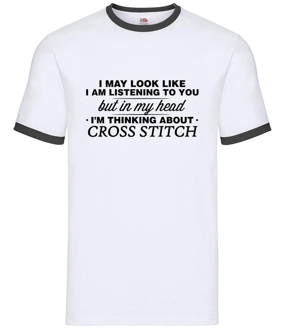 My Head I m Cross Stitch - Mens Ringer - Sewing Sew Stitching Stitcher L