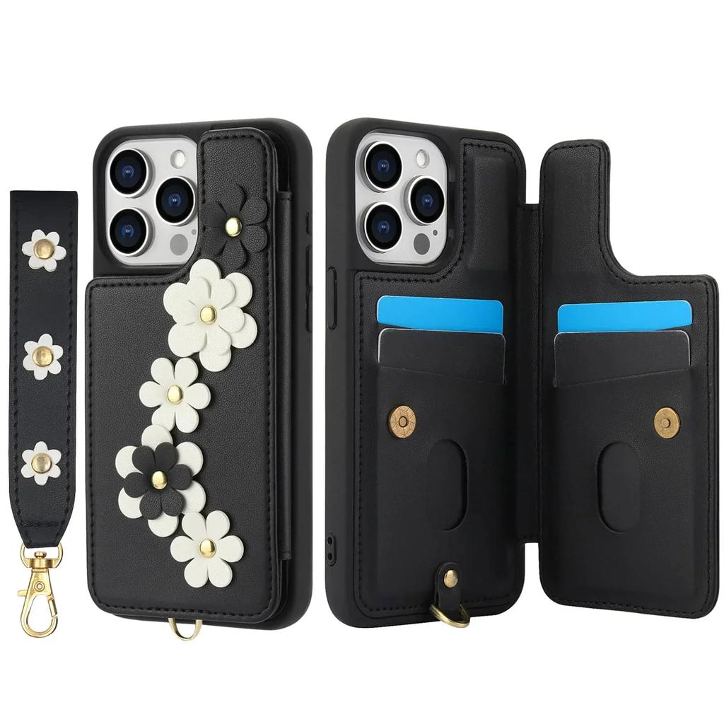 Wallet Case for iPhone 16 15 14 Pro Max Plus, Card Holder Crossbody Purse, Cute Flower Design, Magnetic Kickstand Phone Cover