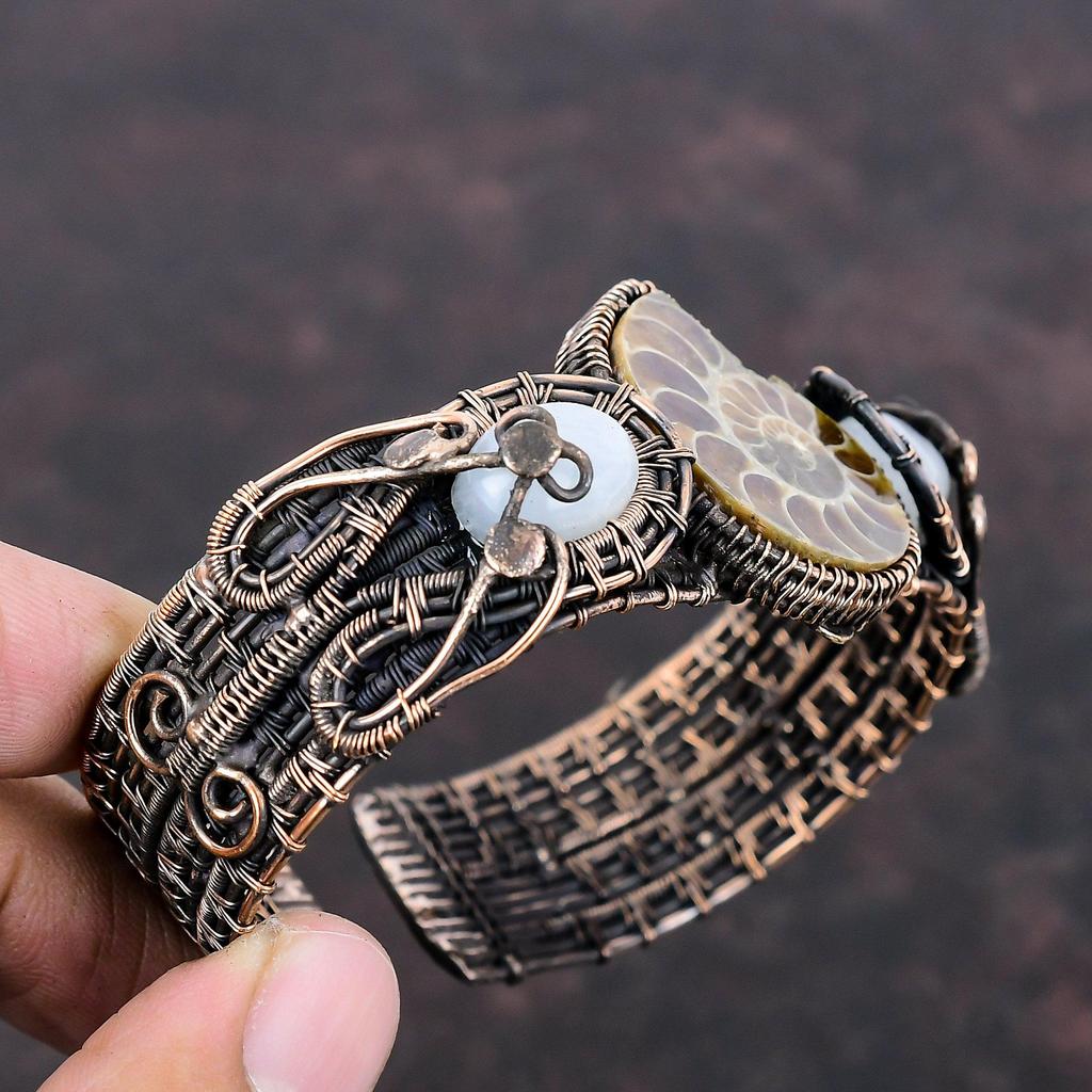 Ammonite Fossil Cuff Bracelet Copper Wire Wrapped Gemstone Bangle Rainbow Moonstone Cuff Bracelet Adjustable Bangle Handmade Copper Jewelry