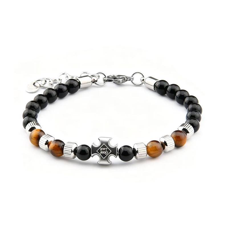 Men's European 6mm Stainless Steel Bracelet with Tiger Eye and Black Obsidian Stones