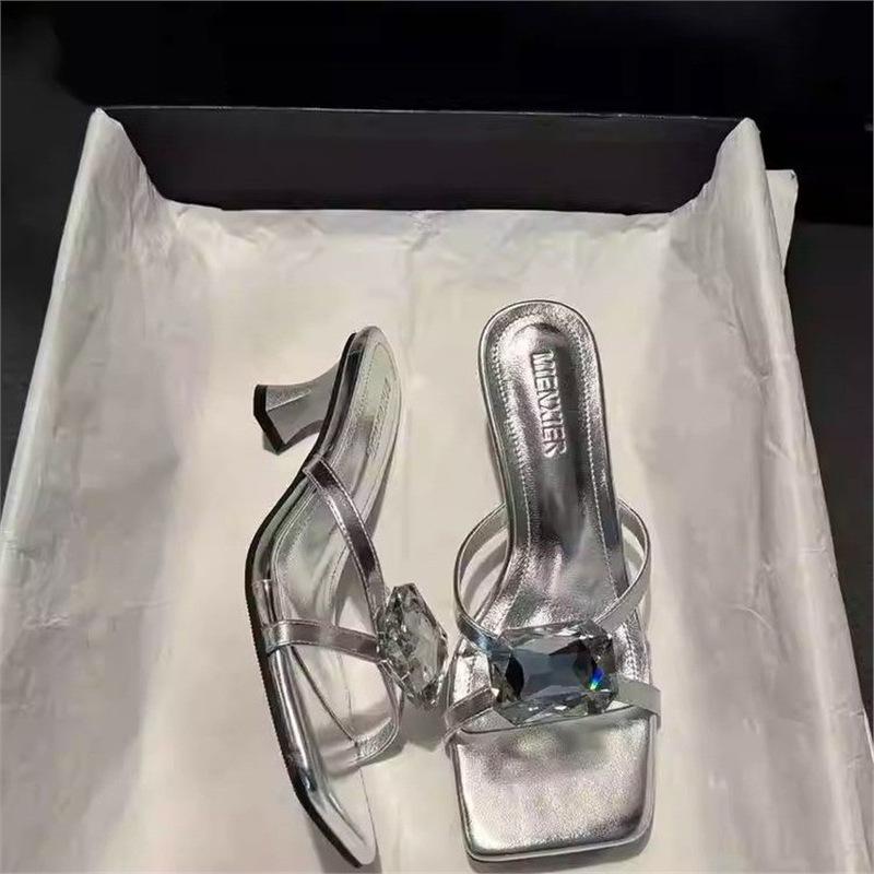 French high-end rhinestone cool slippers women's summer new wear square head exquisite temperament silver high heels sandals
