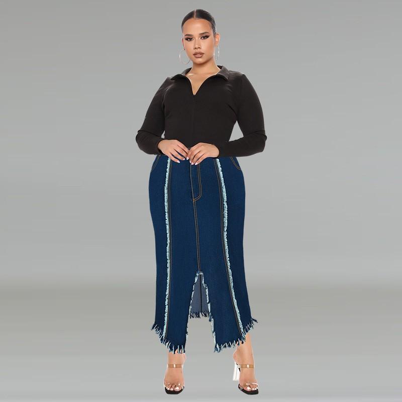 Plus Size Denim Skirt Women Long Flowy A-Line With Fringe Detail Streetwear Midi Maxi 1XL 2XL 3XL 4XL 5XL