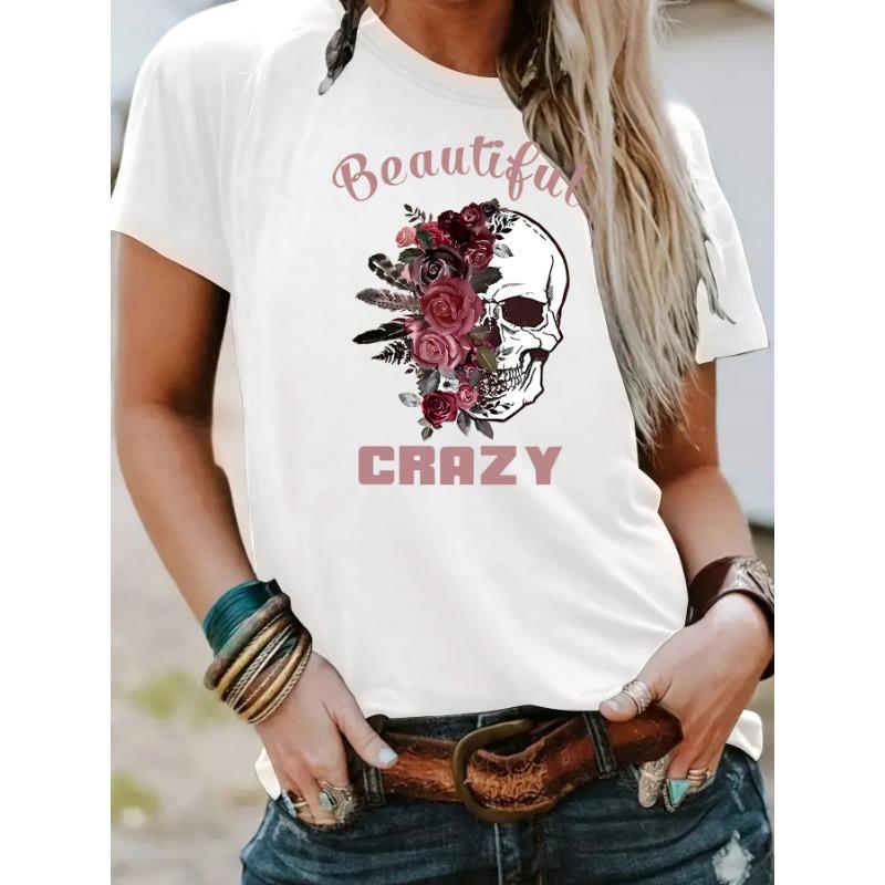 Round-neck Fashionable Skull Flower Print Top Women's T-shirt with Loose Short Sleeves