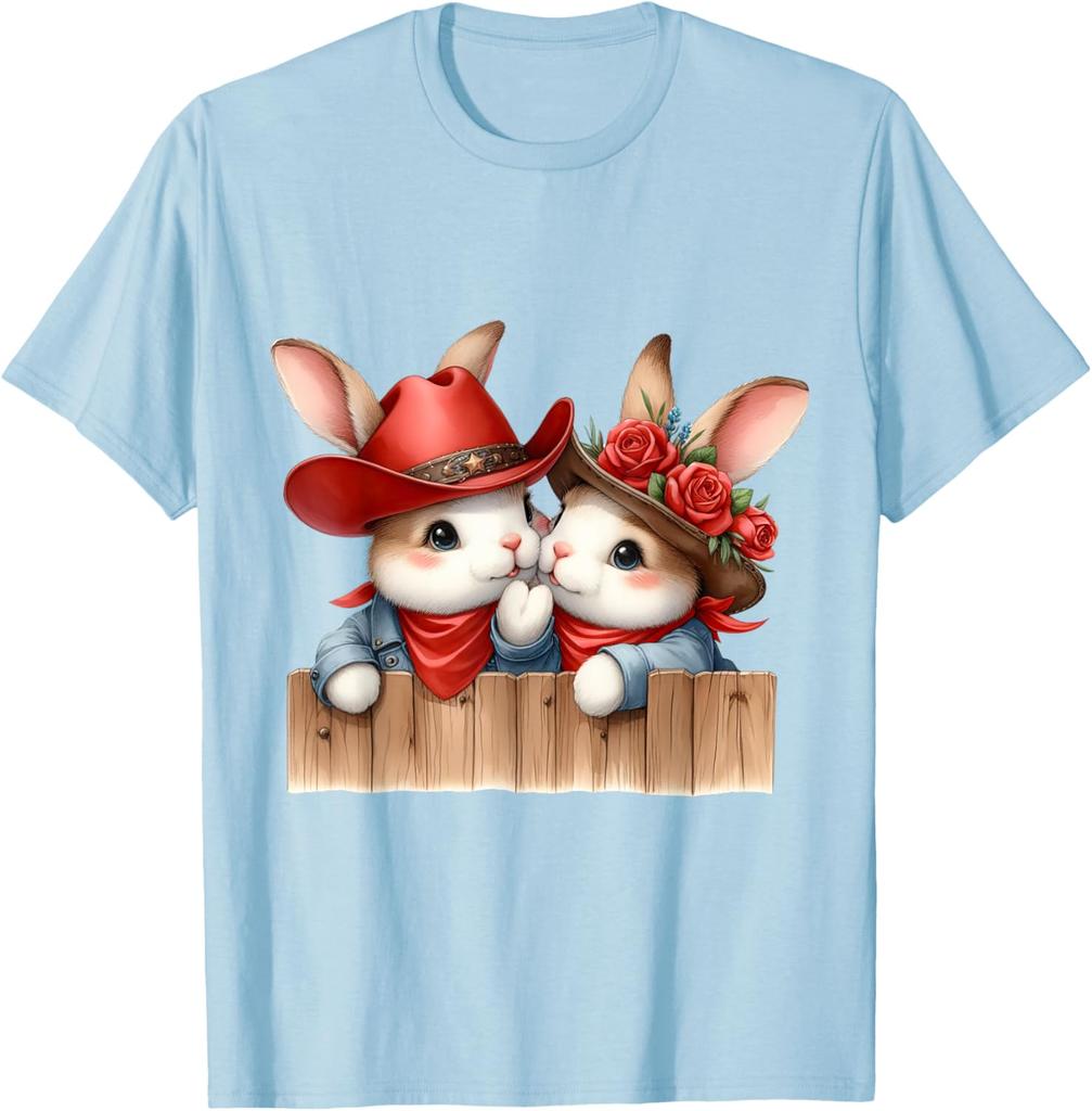 Cute Cowboy Bunny Couple Peeking Over Fence Graphic T-Shirt Men Casual Daily Tee