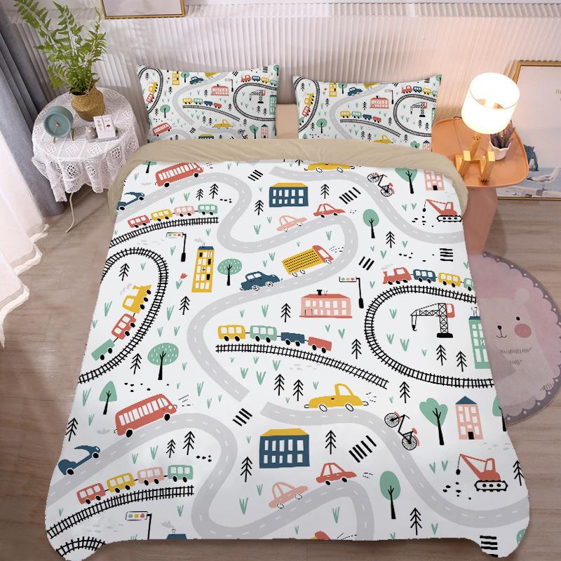Cartoon Car bedding set Truck Excavator Duvet Cover Set Large Colorful Car Bedding for Toddlers Kids Teens King Size Quilt Cover