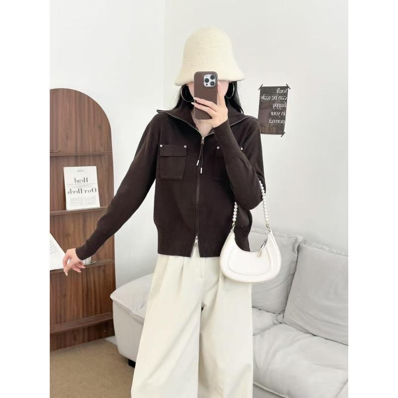 

Long Sleeve Knitted Sweater Women s Autumn and Winter Fashion Double Zipper Versatile Jacket XL колір темно кави