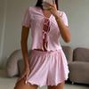 Summer Women short sleeve crop top and shorts 2 Piece Set Pajamas female casual slim Hollow lace up Sleepwear pink Cardigan Pyamas Set homewear
