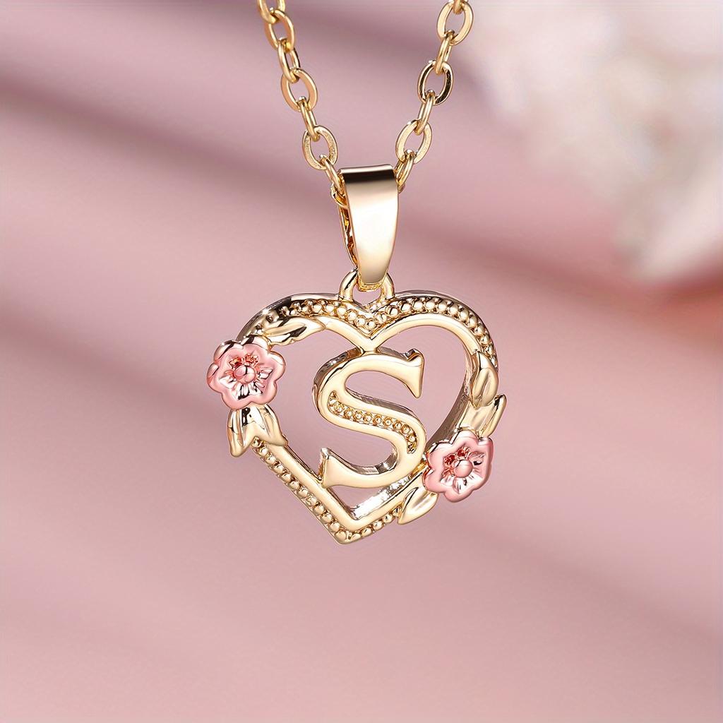 1 Pc Golden Color 26 English Letter Heart Necklace Rose Flower Pendant Wedding Band Jewelry Valentine's Day Gift