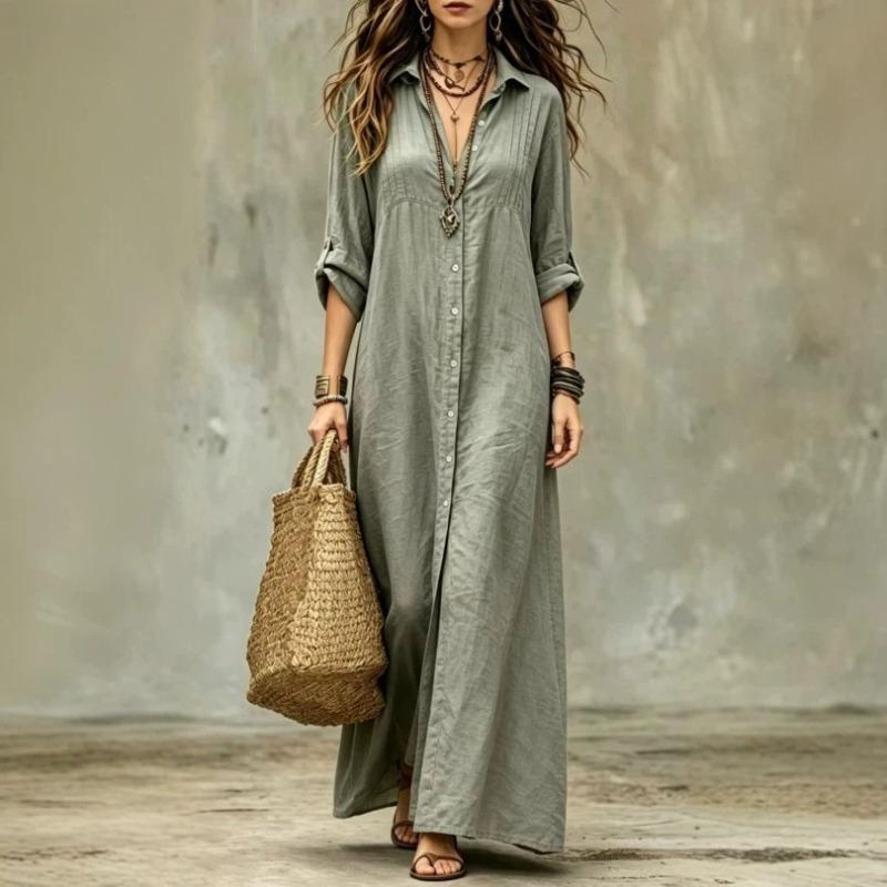 BITCED Fashion Spring Autumn Solid Color Print Long Sleeve V-Neck Casual Dresses