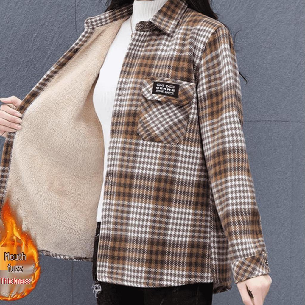 Fleece-Lined Plaid Mid-Length Wool Shirt for Women - Plus Size, Long-Sleeve Casual Outerwear