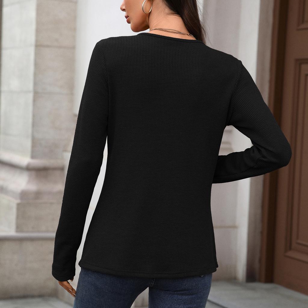 Autumn Winter Solid Color Round Neck Button Loose Long Sleeve T-Shirt Top for Women