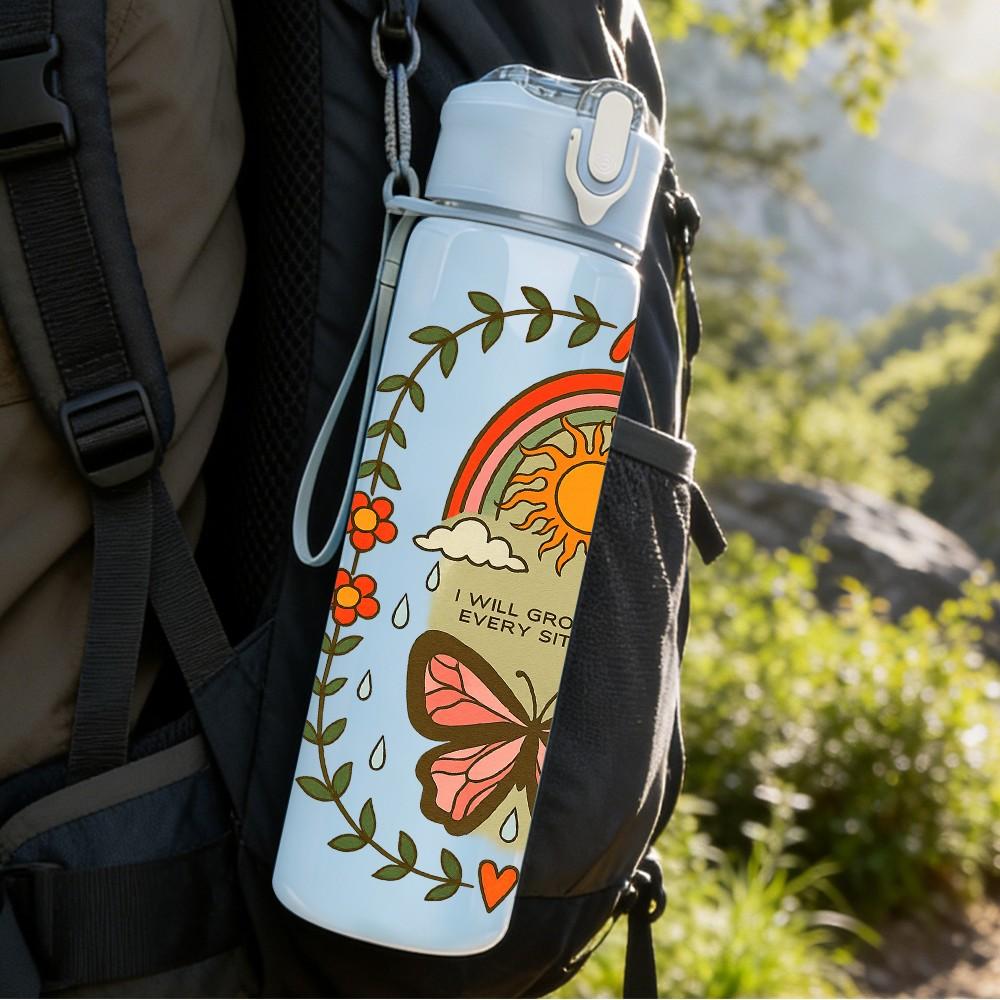 1PC Sun Butterfly Boho Retro Print 750ml Color Plastic Sports Water Bottle Leakproof Flip Straw Lid Suitable for Sports Office Home Use