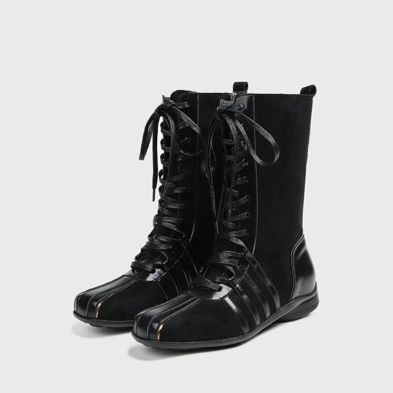 Fashion Low Heel Single Boots Autumn New Round Toe Spliced Front Lace-Up Side Zipper Anti-Slip Wear-Resistant Mid-Tumble Boots