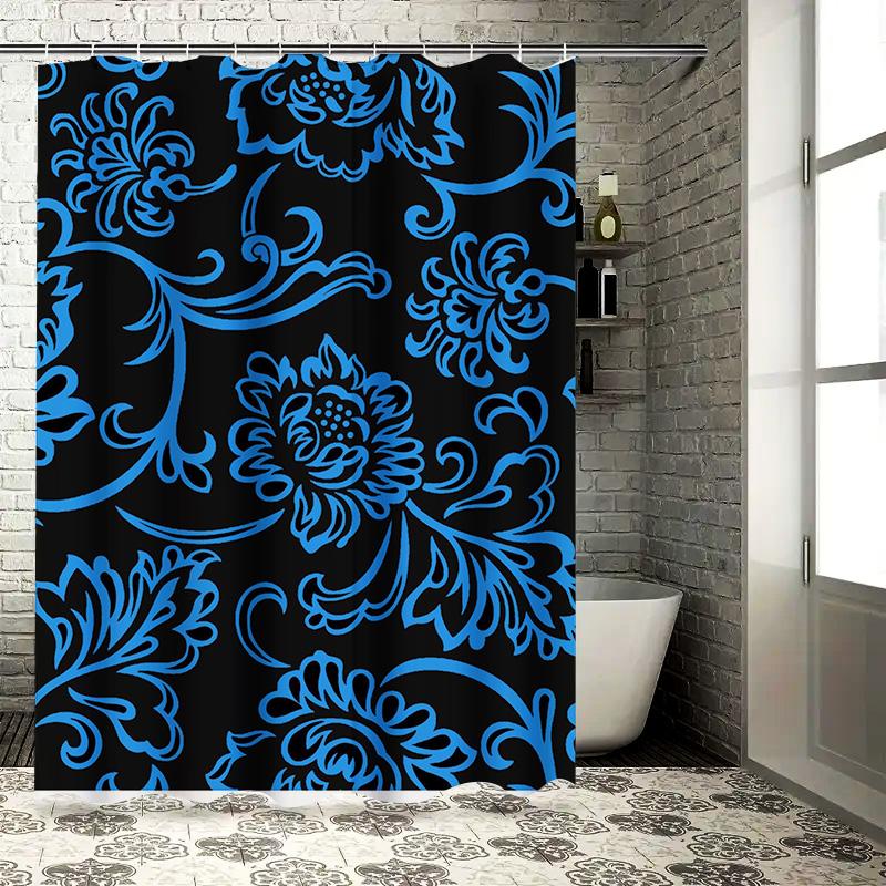Luxury Vintage Blue Black Shower Curtain for Bathroom Decor Waterproof Fabric Printing Flower Pattern Bath Room Shower Curtains