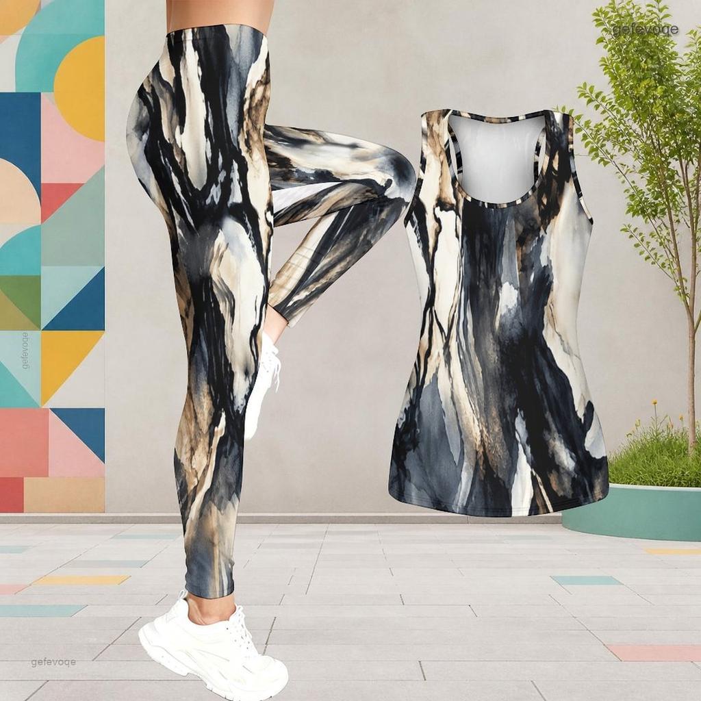 Women Plus Size Printed Two Piece Outfit Scoop Neck Sleeveless Tank Top And Fitted Pants