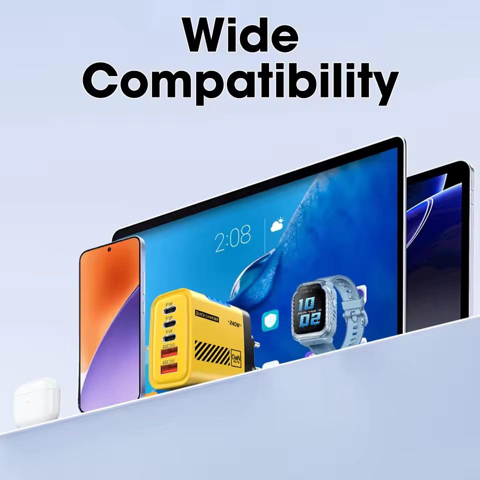 5 IN 1 GaN Desktop Charger For IPhone17 16Pro Laptop Samsung 240W Fast Charging Adapter USB C To Type-C Cable 3PD 2USB Charger