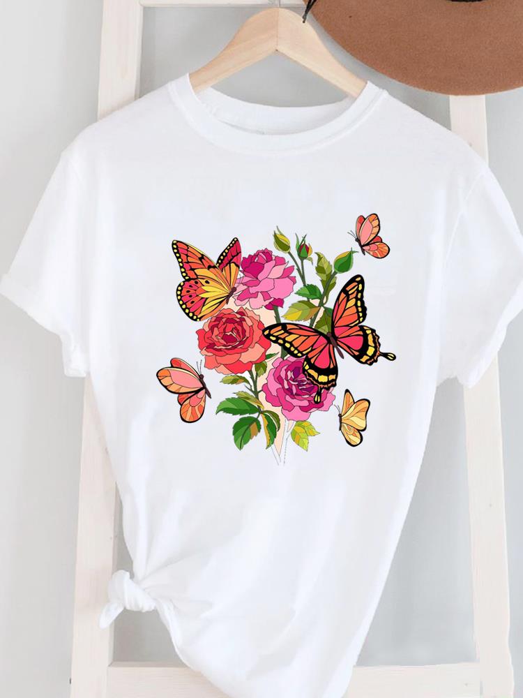 (Asian Size) Short Sleeve Women's Top T Female Print  Fashion Ladies O-neck Butterfly Cute Lovely Casual Clothing  Graphic Tee T-shirts