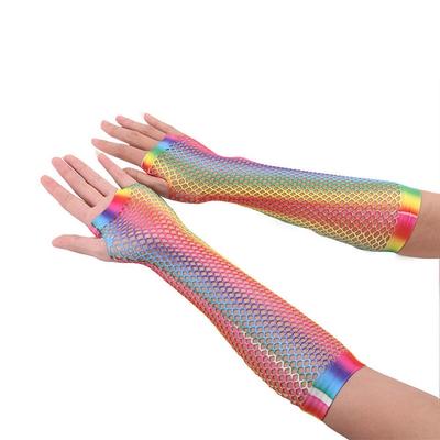 Sexy Korean Girl Short Half Finger Long Half Finger Party Nylon Arm Sleeves Rainbow Color Gloves Fishing Net Gloves