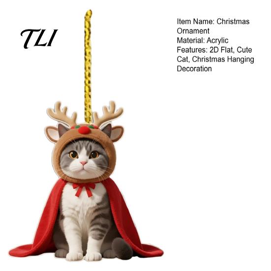Christmas Tree Ornaments Cat Ornament, 2D Flat Cartoon Acrylic Kitten Wearing Cape And Festive Car Rearview Mirror Charms Hat Hanging Decoration