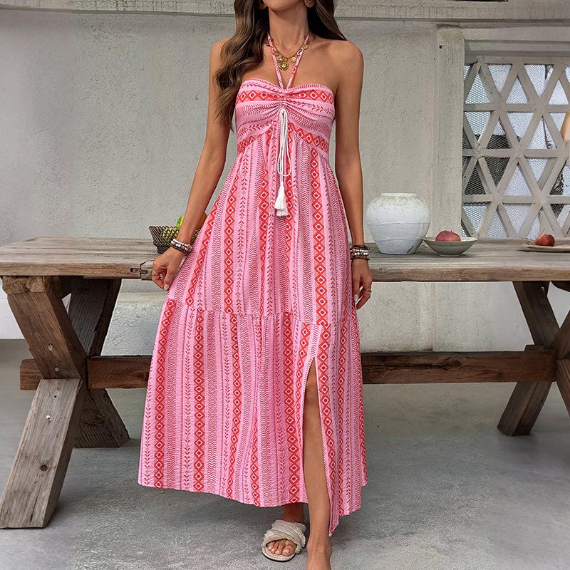 Damen Mode Sommer Frühling Geometrischer Print Ärmellos Hängender Nacken Hohe Taille Freizeitkleider