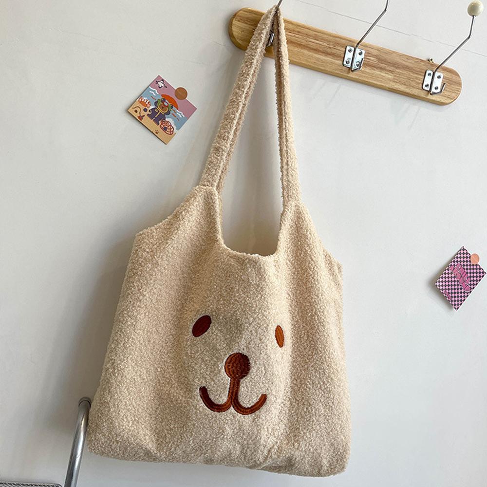 Women Soft Plush Shoulder Bag Cute Bear Handbag Furry Fluffy Totes Large Capacity Shopping Bags Cartoon Book Bags For Ladies