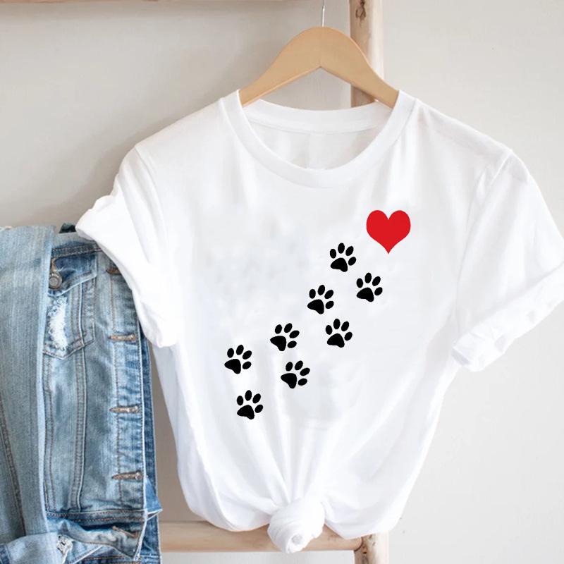 White Women's Short Sleeve T-Shirt with Dog Paw, Cat, and Heart Animal Print