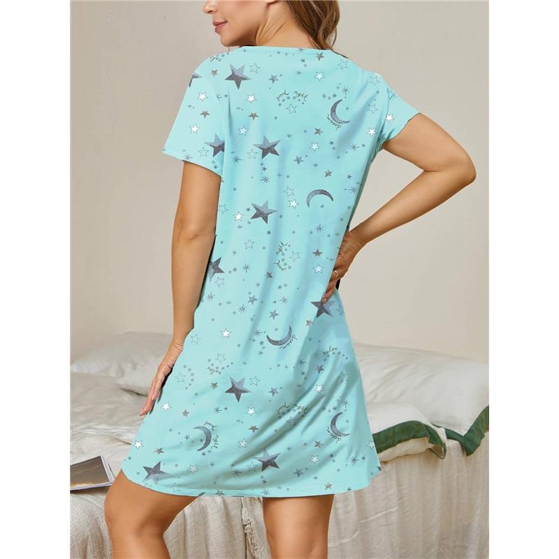 New Ladies Nightdress European And American Style Home Pajamas Skirt Round Neck Dress Casual Printing
