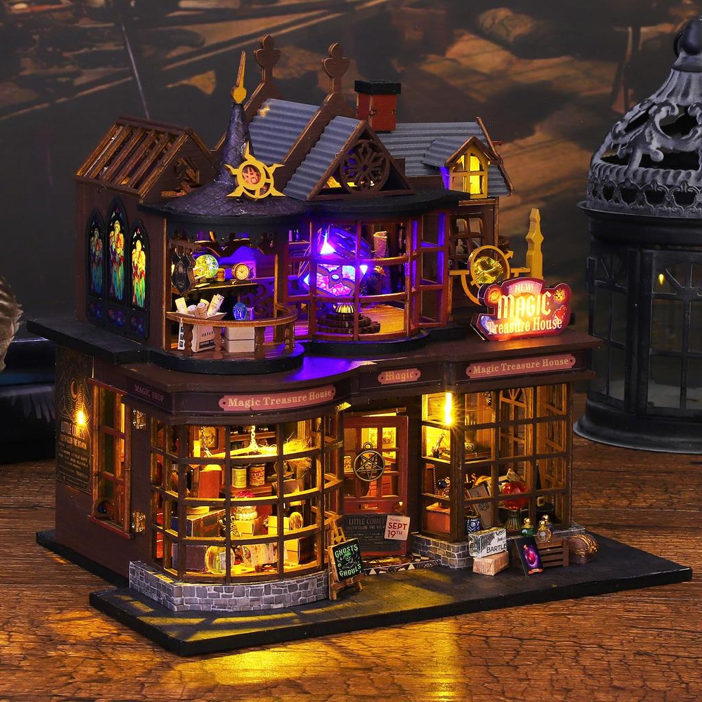 Spilay DIY Burg Bauszene Modell Holzpuppenhaus Miniatur Puppenhaus Handgefertigtes Bausatz-Set für Anfänger LED Staub Musikbox Weihnachtsgeschenk Schatz