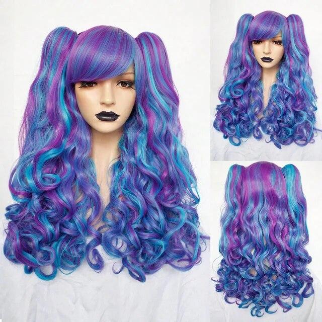 Parrucca Cosplay sintetica lunga colorata riccia per ragazze Lolita Cosplay con doppia coda di cavallo e 1 cuffia per parrucca