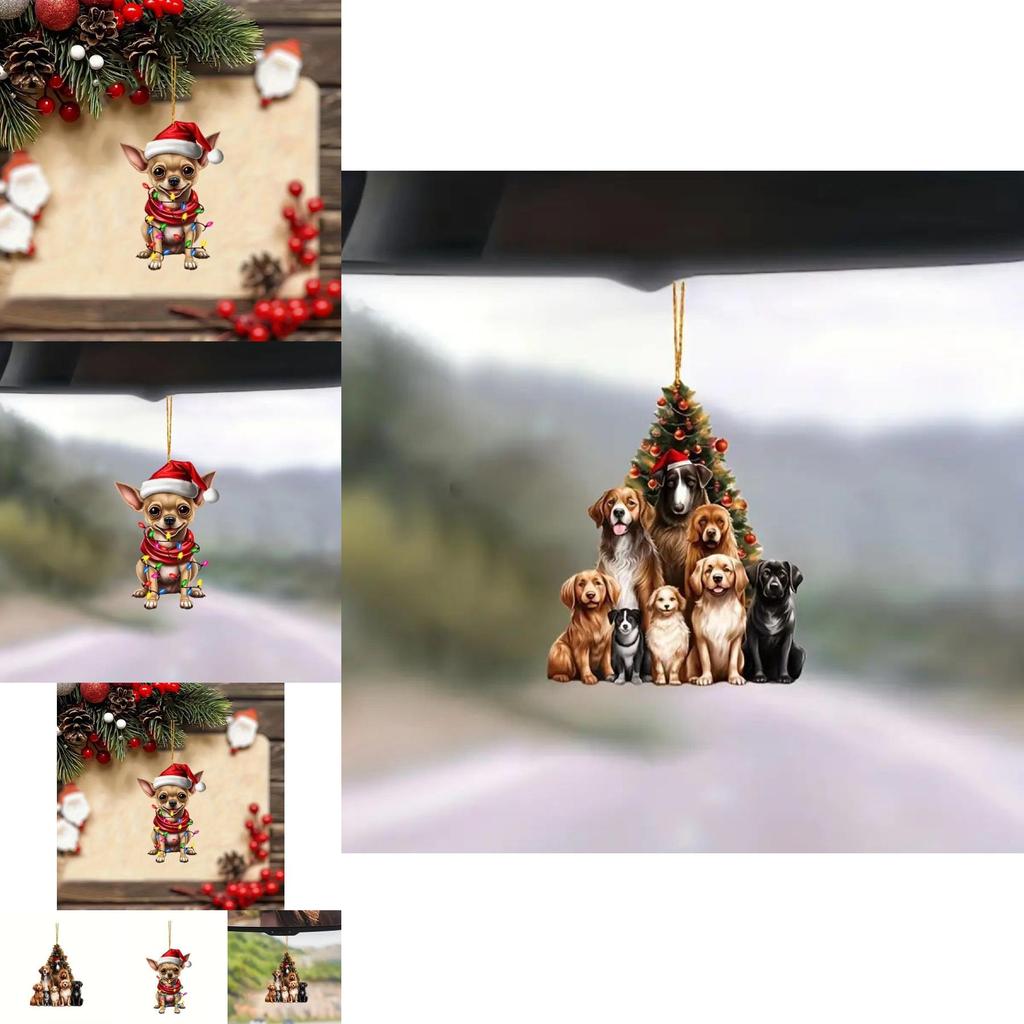 Charming 2d Acrylic Cartoon Christmas Dog Car Ornament For Festive Interior Decoration