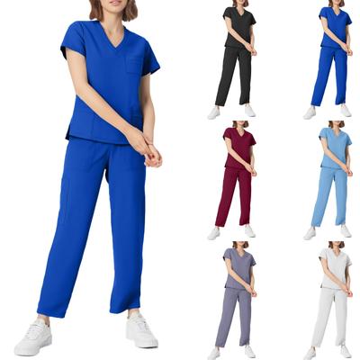 Women's Short Sleeved Solid Color V-Neck Pocket Top Pants Work Clothes Two Piece Set