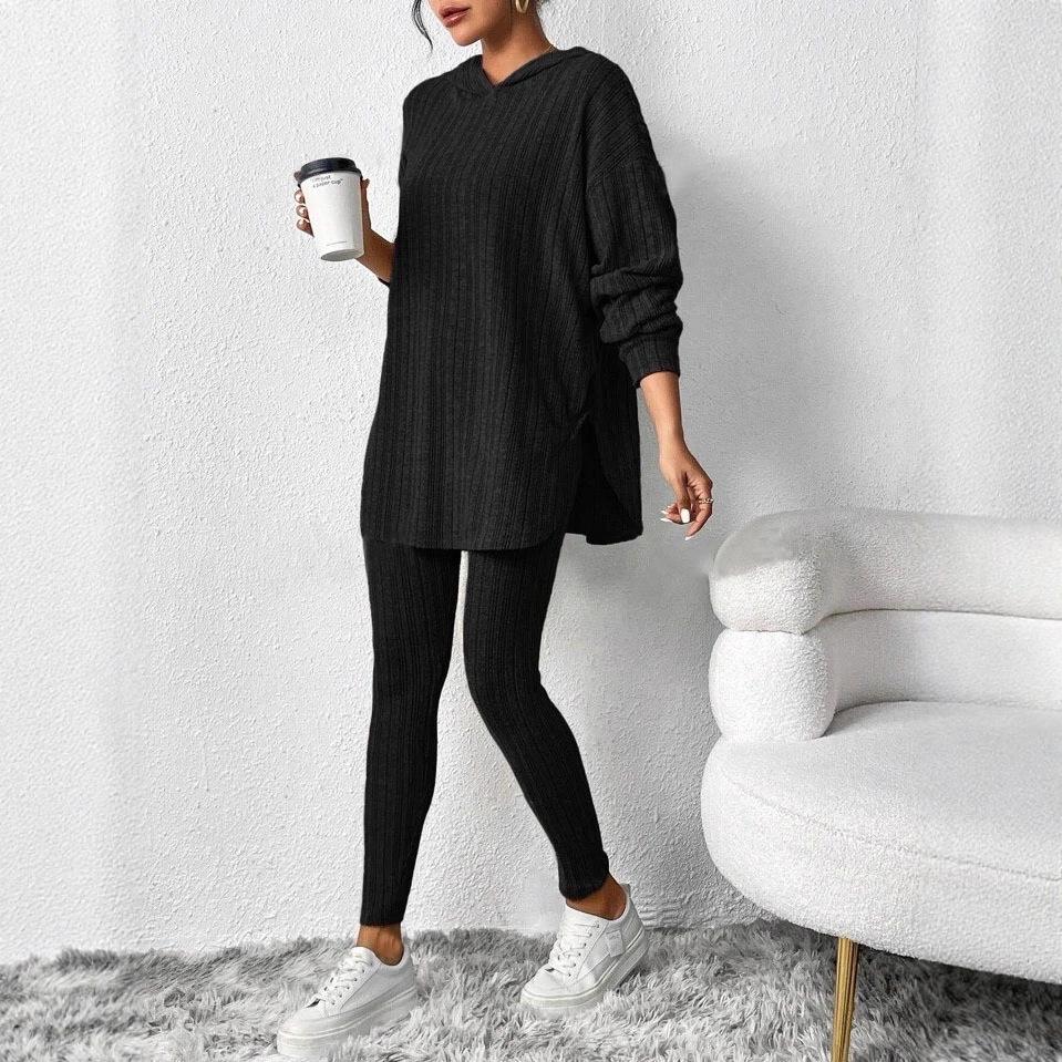 Completo da Loungewear da Donna a Coste con Felpa con Cappuccio Oversize e Spacco Laterale + Leggings Completo 2 Pezzi Morbido Casual Abbigliamento per la Casa Tuta