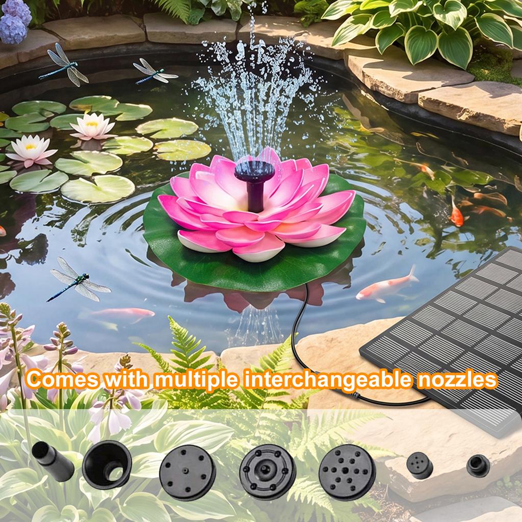 Lotus Free Standing Solar Fountain with 6 Nozzles Mini Solar Powered Fountain Pump Floating for Garden Pond Pool and Outdoor