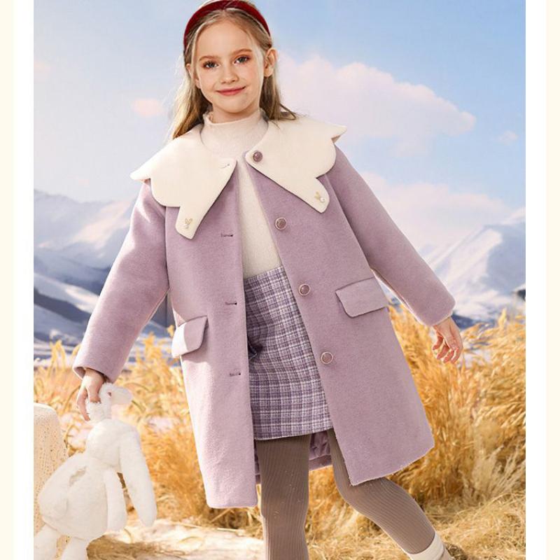 Girls' Fashionable Woolen Coat, Loose Woolen Overcoat for Children Autumn and Winter