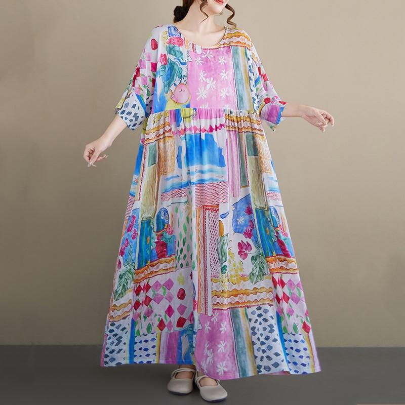 Κοντό μανίκι Plus size Βαμβακερό vintage φλοράλ νέο σε φορέματα για γυναίκες casual φαρδύ μακρύ καλοκαιρινό φόρεμα