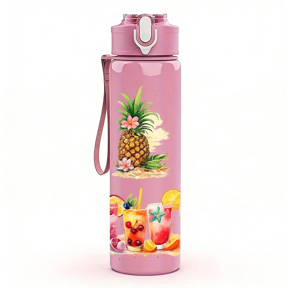 1PC Tropical Pineapple Palm Beach Print 750ml Color Plastic Sports Water Bottle Leakproof Flip Straw Lid Suitable for Sports Office Home Use